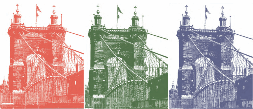 Three graphic images of the Roebling Bridge, colored in orange, green, and purple. 